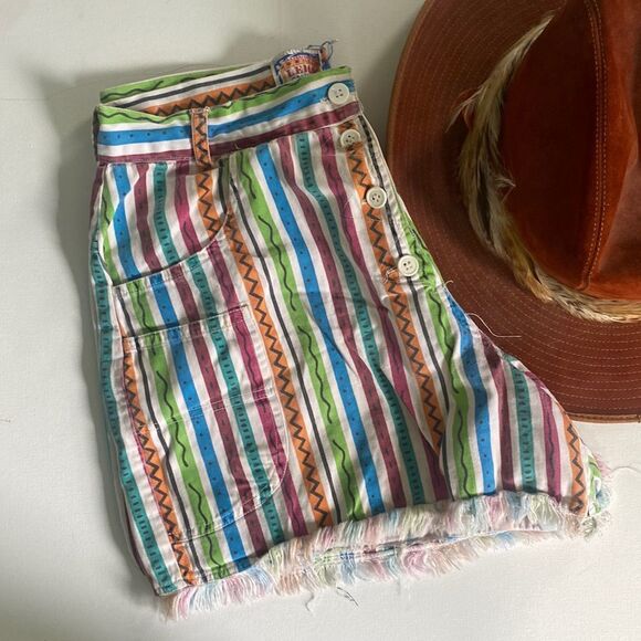 Vintage High Rise Button Fly Striped Cotton Shorts - Picture 1 of 4